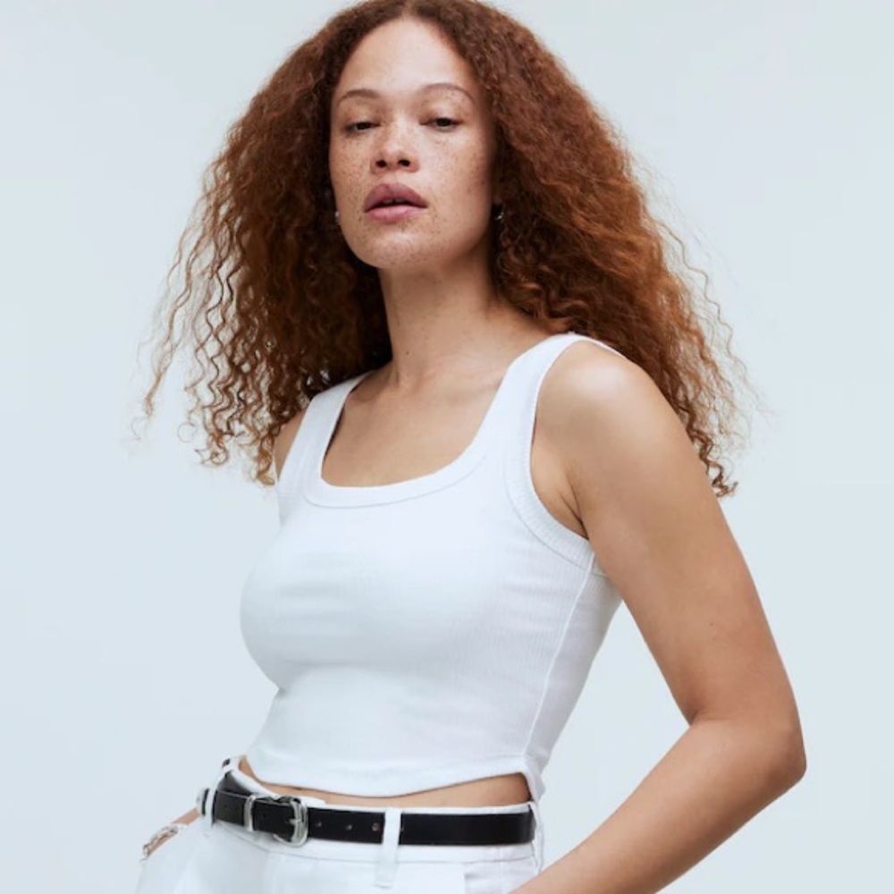 NWT Madewell Tailored Crop Tank Top in Sleekhold XXS Tile White Ribbed $35 NL398